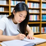 Home 22 관광통역안내사 필기와 실기 면접 준비 스케줄 - A focused and diligent young woman of East Asian descent, wearing casual but neat clothes, is deeply...