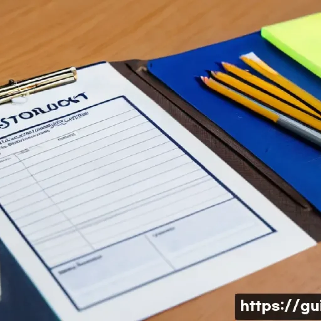 관광통역안내사 필수 준비물 목록 - **Prompt:** A close-up shot of a neatly organized desk prepared for the Tourist Interpretation Guide...