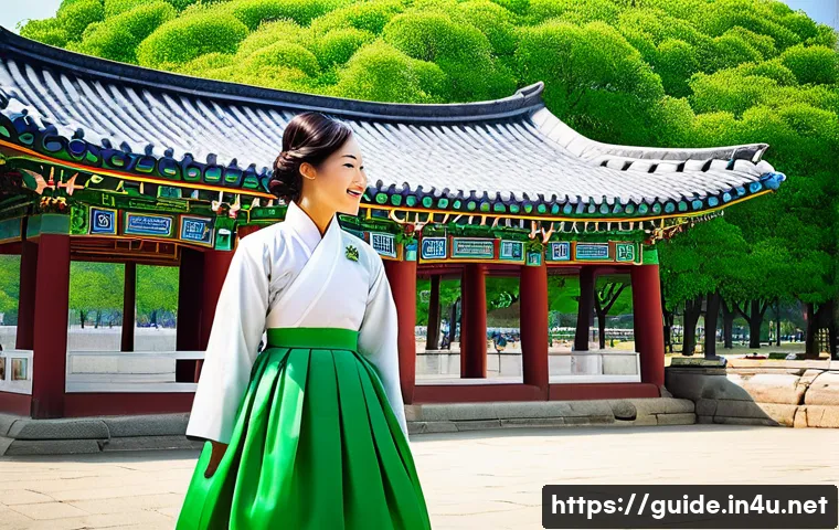 관광통역안내사 직업으로서의 성장 가능성 - **Prompt 1: A vibrant cultural exchange at Gyeongbokgung Palace.**
A cheerful female Korean tour...