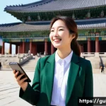 Home 19 관광통역안내사 자격증 소지자의 해외 취업 사례 - A vibrant, professional female Korean tourist guide in her late 20s, wearing a smart tailored blazer...