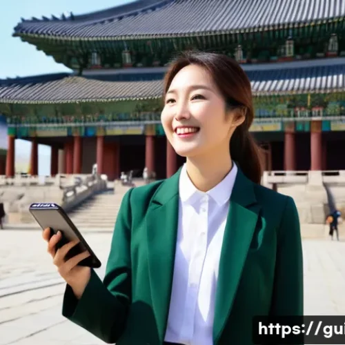 Home 31 관광통역안내사 자격증 소지자의 해외 취업 사례 - A vibrant, professional female Korean tourist guide in her late 20s, wearing a smart tailored blazer...