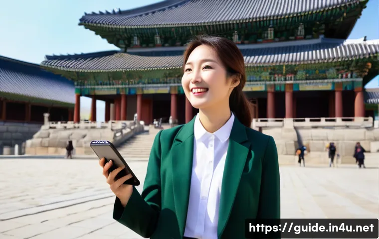 관광통역안내사 자격증 소지자의 해외 취업 사례 - A vibrant, professional female Korean tourist guide in her late 20s, wearing a smart tailored blazer...